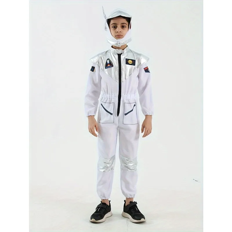 Boy's Cartoon Astronaut Cosplay Costume, Halloween Dress Up One-piece Jumpsuit & Hat, Kid's Dress Up Outfit For Carnival Party