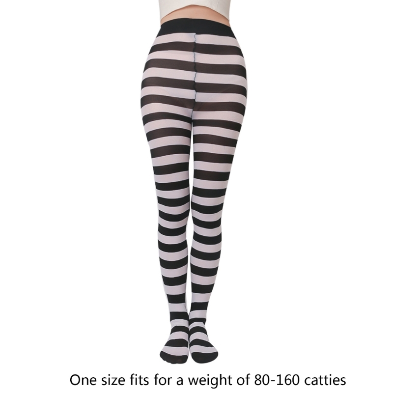 M2EA Soft Striped Long Tights Women Wide Horizontal Stripe Tights Opaque Hosiery Breathable Casual High Waist Elastic Legging