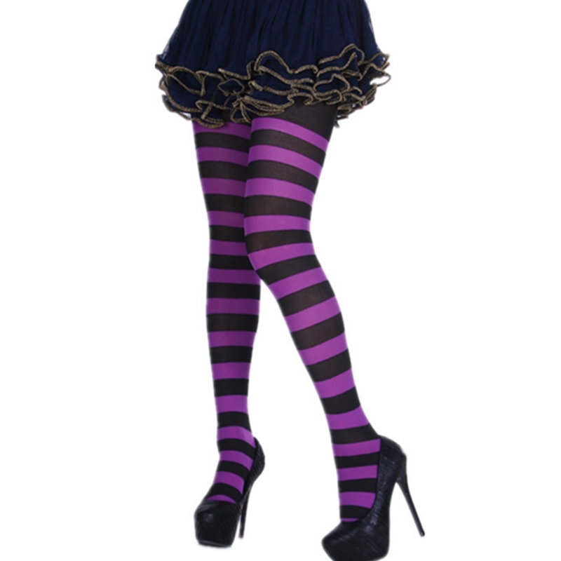 M2EA Soft Striped Long Tights Women Wide Horizontal Stripe Tights Opaque Hosiery Breathable Casual High Waist Elastic Legging