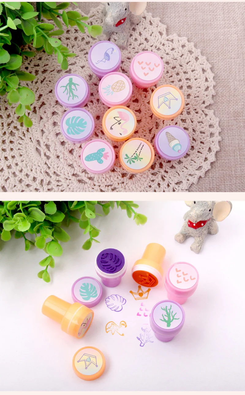 10 Pcs/Box Simple Stamps Toy for Kids Cartoon Animal Self-ink Seal DIY Painting Notebook Decor Gift