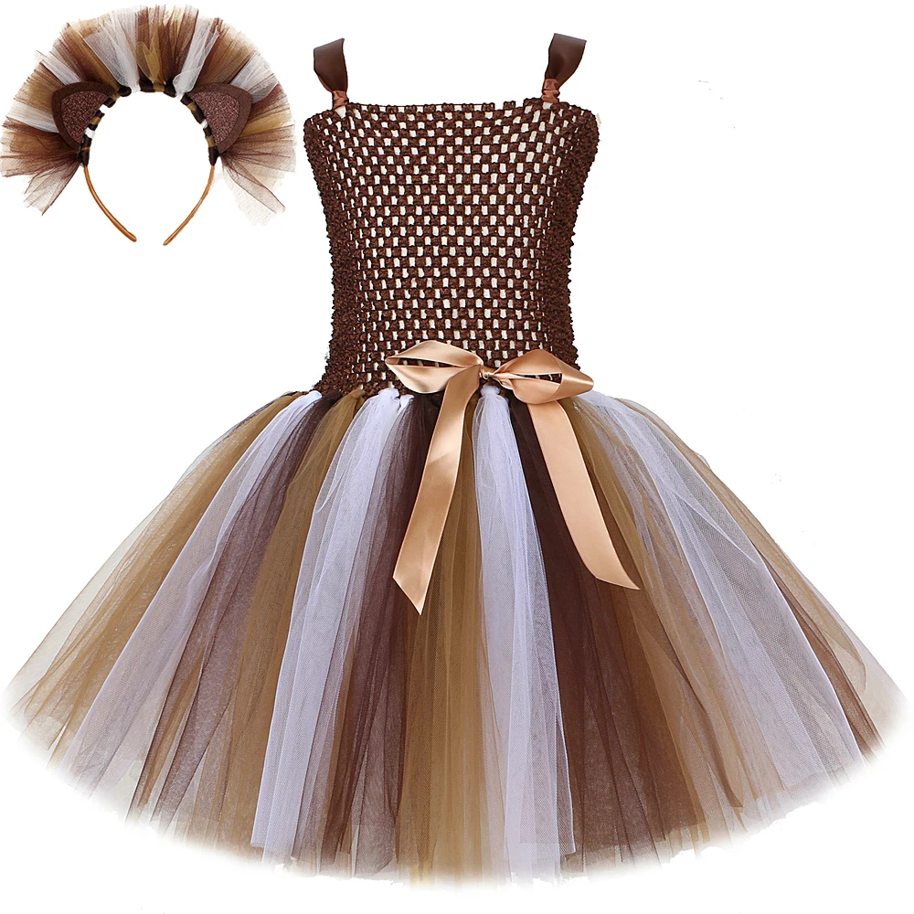 Jungle Lion Party Dresses for Girls Kids Animal Halloween Costume with Wrist & Ankle Cuffs Princess Birthday Tutus Child Outfit