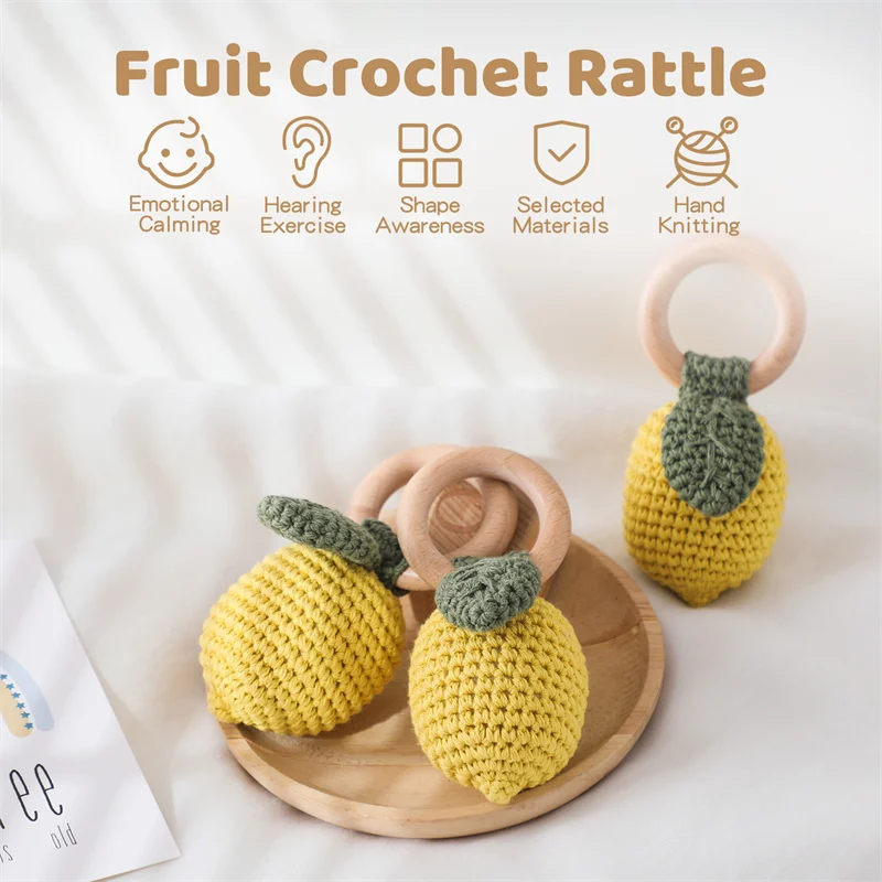 1PC Baby Lemon Crochet Ratter Toys Wood Teether Fruit Cotton Music Rattle Baby Teether Rodent Infant Gym Mobile Rattles Toy Gift