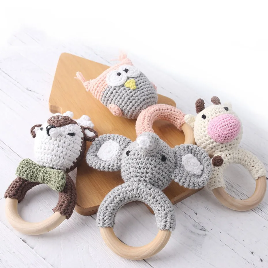 1PC Baby Lemon Crochet Ratter Toys Wood Teether Fruit Cotton Music Rattle Baby Teether Rodent Infant Gym Mobile Rattles Toy Gift