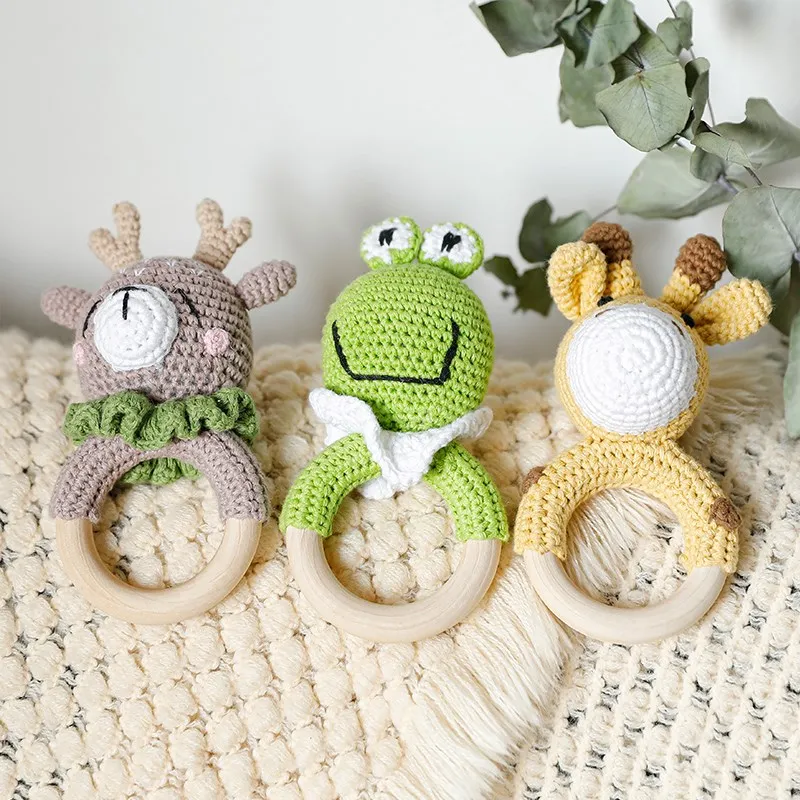1PC Baby Lemon Crochet Ratter Toys Wood Teether Fruit Cotton Music Rattle Baby Teether Rodent Infant Gym Mobile Rattles Toy Gift