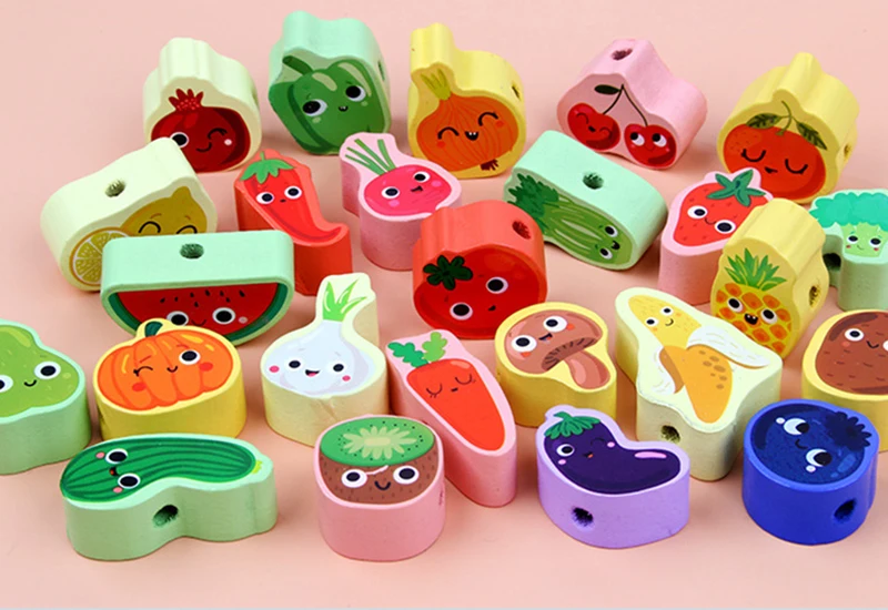 9-36pcs Baby Wooden Toys Cartoon Fruit Animal Stringing Threading Wooden Beads Toy Monterssori Educational Toys For Kids