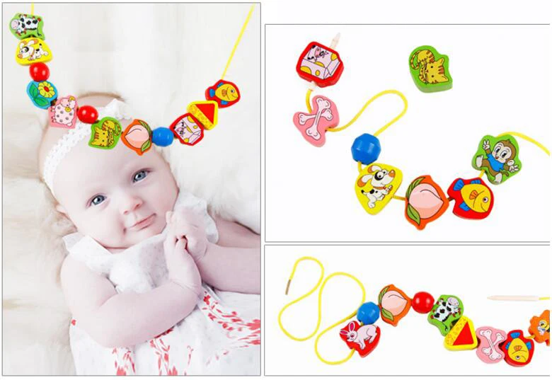 9-36pcs Baby Wooden Toys Cartoon Fruit Animal Stringing Threading Wooden Beads Toy Monterssori Educational Toys For Kids