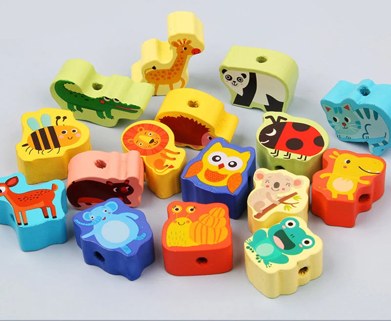 9-36pcs Baby Wooden Toys Cartoon Fruit Animal Stringing Threading Wooden Beads Toy Monterssori Educational Toys For Kids
