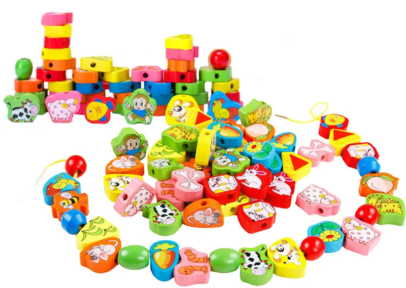 9-36pcs Baby Wooden Toys Cartoon Fruit Animal Stringing Threading Wooden Beads Toy Monterssori Educational Toys For Kids