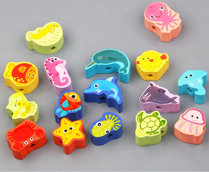 9-36pcs Baby Wooden Toys Cartoon Fruit Animal Stringing Threading Wooden Beads Toy Monterssori Educational Toys For Kids