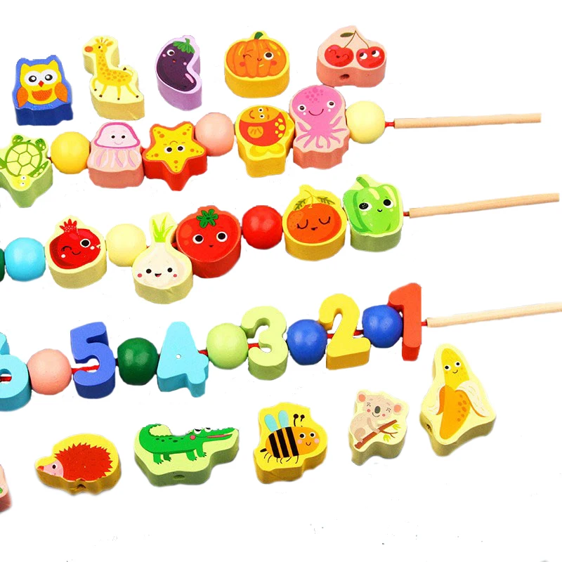 9-36pcs Baby Wooden Toys Cartoon Fruit Animal Stringing Threading Wooden Beads Toy Monterssori Educational Toys For Kids