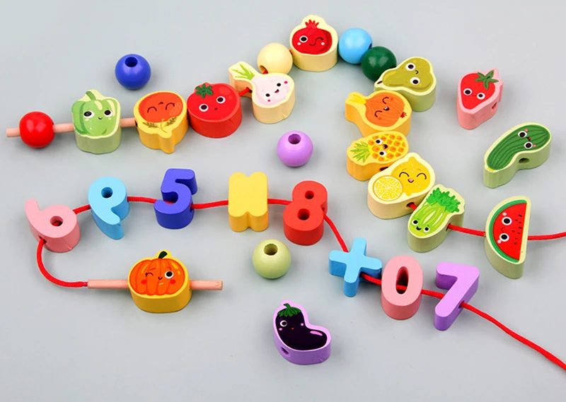 9-36pcs Baby Wooden Toys Cartoon Fruit Animal Stringing Threading Wooden Beads Toy Monterssori Educational Toys For Kids