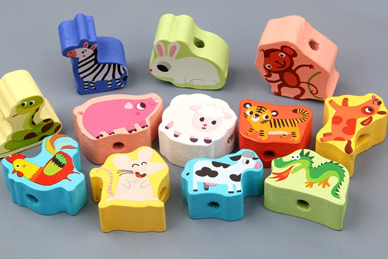 9-36pcs Baby Wooden Toys Cartoon Fruit Animal Stringing Threading Wooden Beads Toy Monterssori Educational Toys For Kids