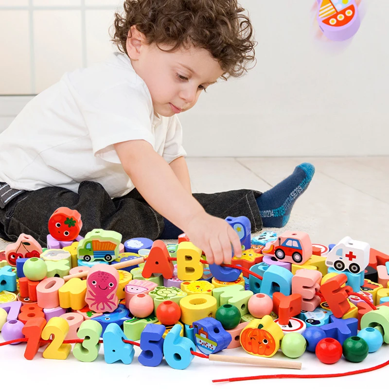 9-36pcs Baby Wooden Toys Cartoon Fruit Animal Stringing Threading Wooden Beads Toy Monterssori Educational Toys For Kids