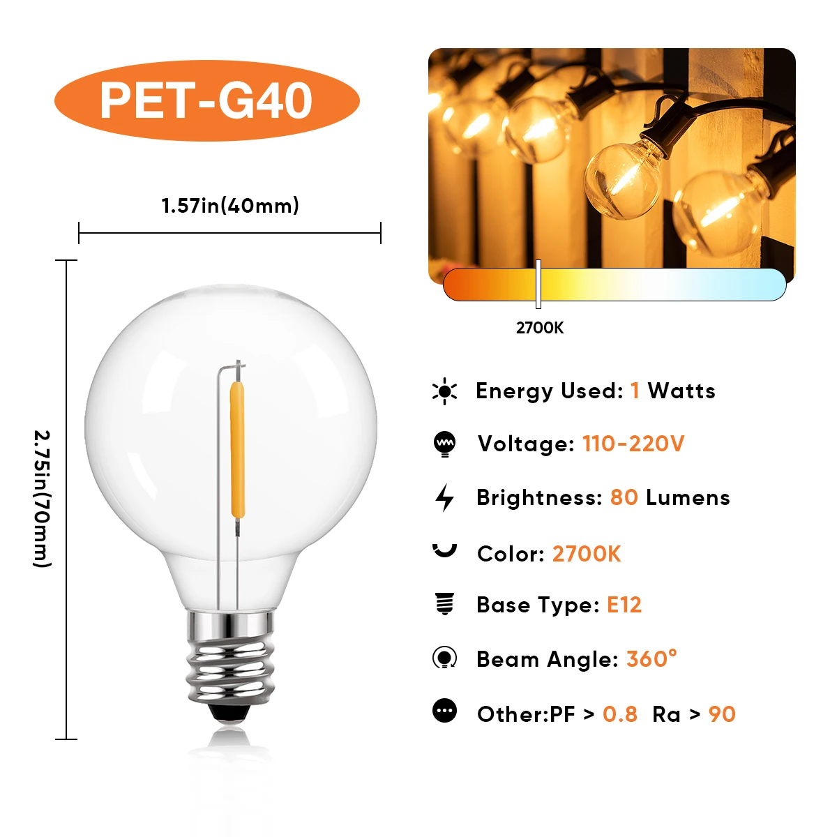 Waterproof G40 String Lights Shatterproof Plastic E12 1W Bulbs Outdoor Garland EU US Plug Connectable Birthday Garden Decoration
