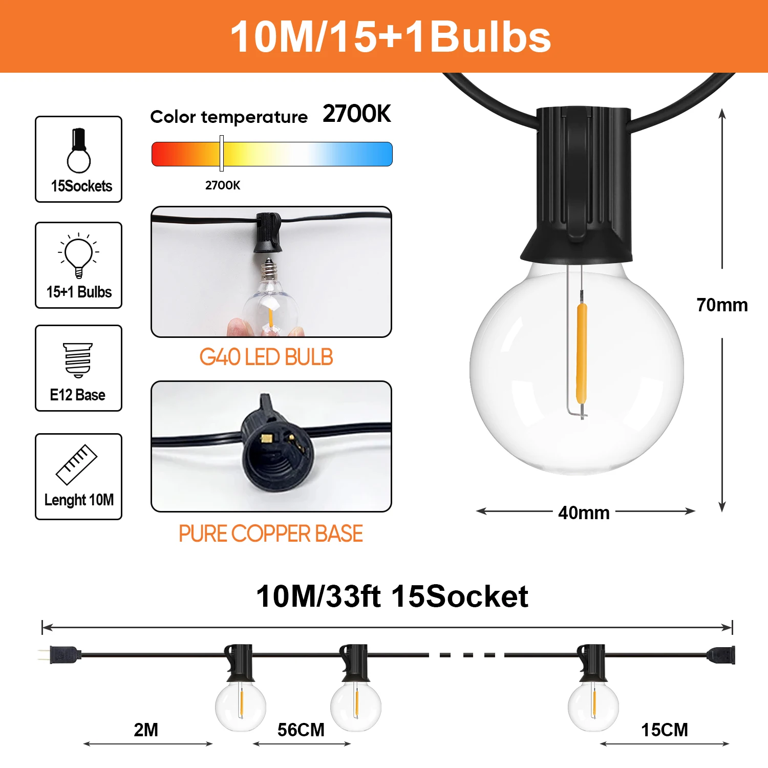 Waterproof G40 String Lights Shatterproof Plastic E12 1W Bulbs Outdoor Garland EU US Plug Connectable Birthday Garden Decoration