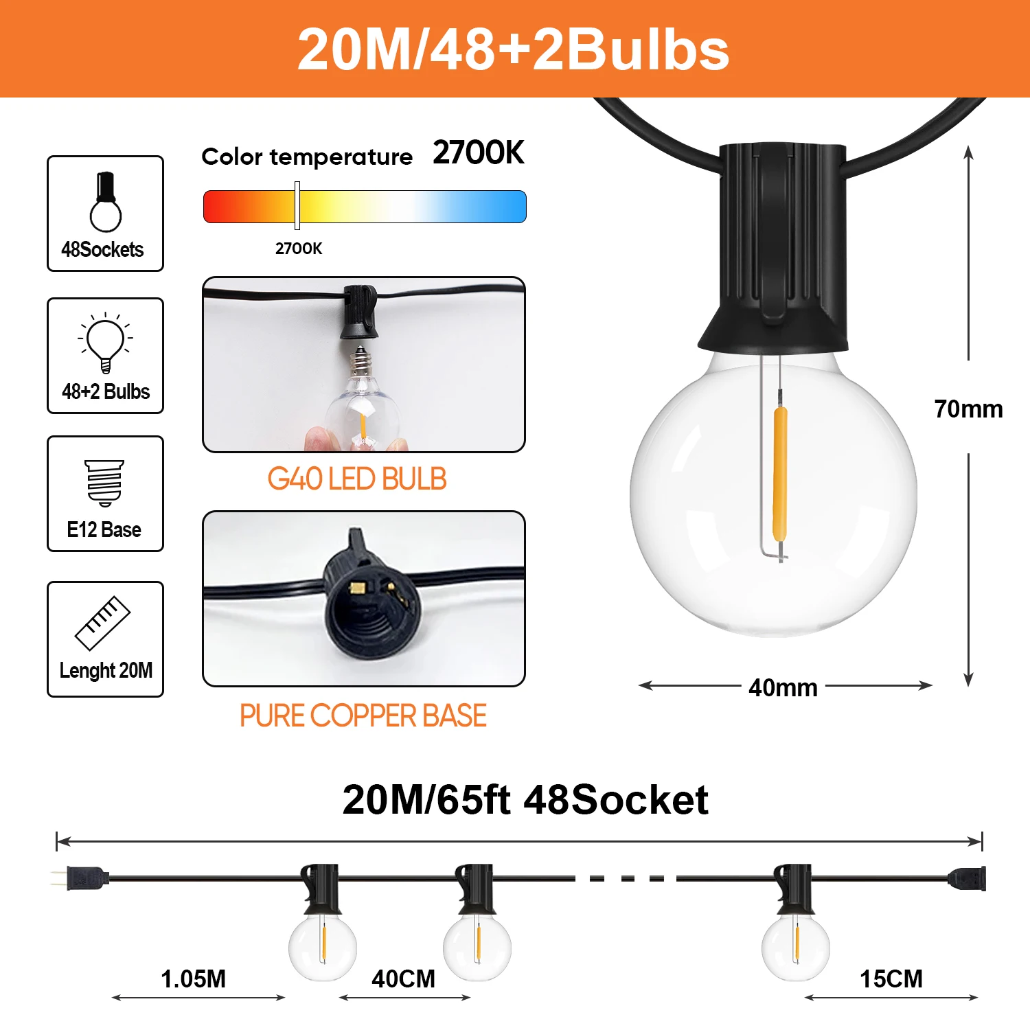 Waterproof G40 String Lights Shatterproof Plastic E12 1W Bulbs Outdoor Garland EU US Plug Connectable Birthday Garden Decoration