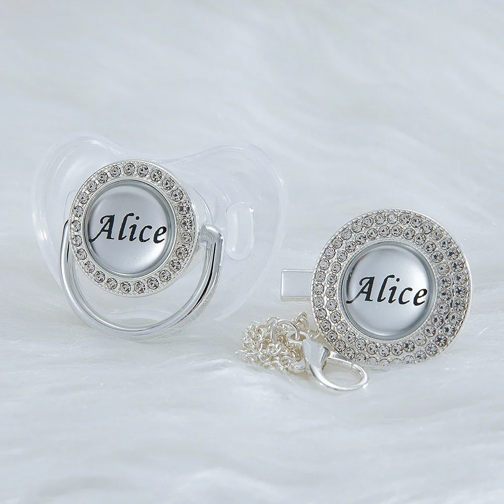 MIYOCAR custom name transparent pearl bling pacifier and pacifier clip BPA free dummy bling unique gift baby shower