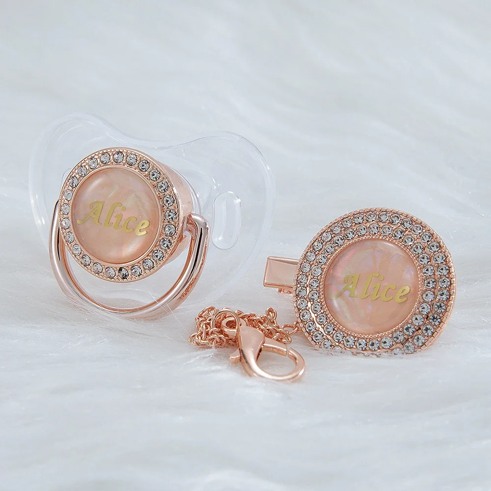 MIYOCAR custom name transparent pearl bling pacifier and pacifier clip BPA free dummy bling unique gift baby shower