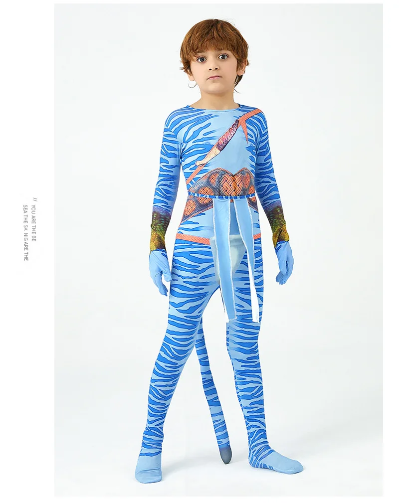 Girls Avatar 2 Neytiri Costume Tail Suit Boys Jake Sully Cosplay Zentai Bodysuit Jumpsuit Kids Halloween Birthday Party Costume