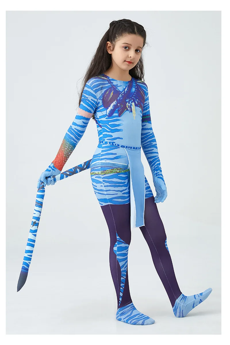 Girls Avatar 2 Neytiri Costume Tail Suit Boys Jake Sully Cosplay Zentai Bodysuit Jumpsuit Kids Halloween Birthday Party Costume