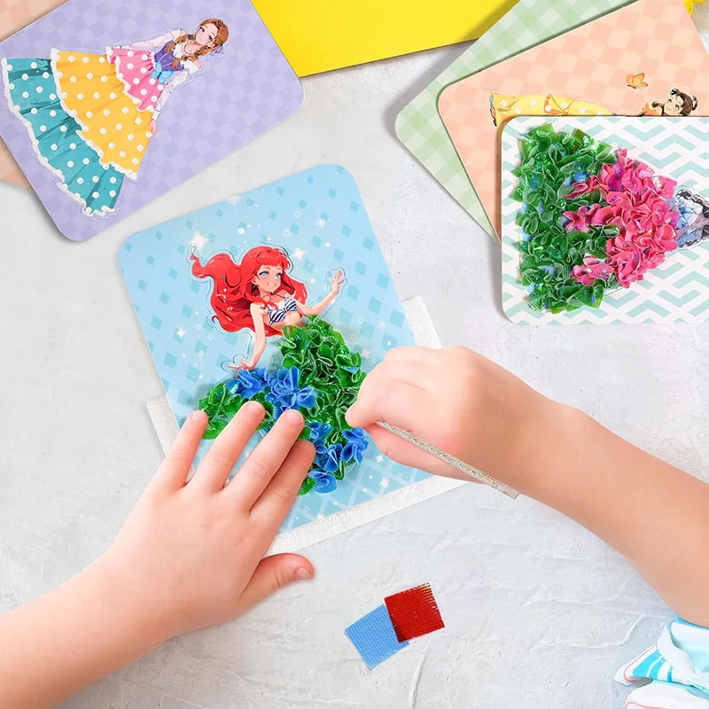 Fabric Art Frenzy Toys for Girls Dress Up Animal Princess Creative Puzzle Puncture Poke Boards Kids DIY Handmade Crafts Kits