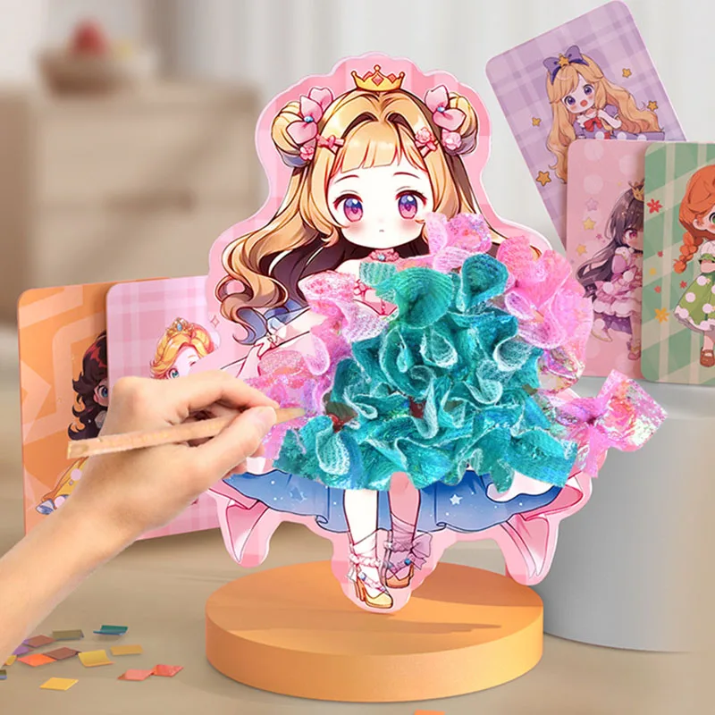 Fabric Art Frenzy Toys for Girls Dress Up Animal Princess Creative Puzzle Puncture Poke Boards Kids DIY Handmade Crafts Kits