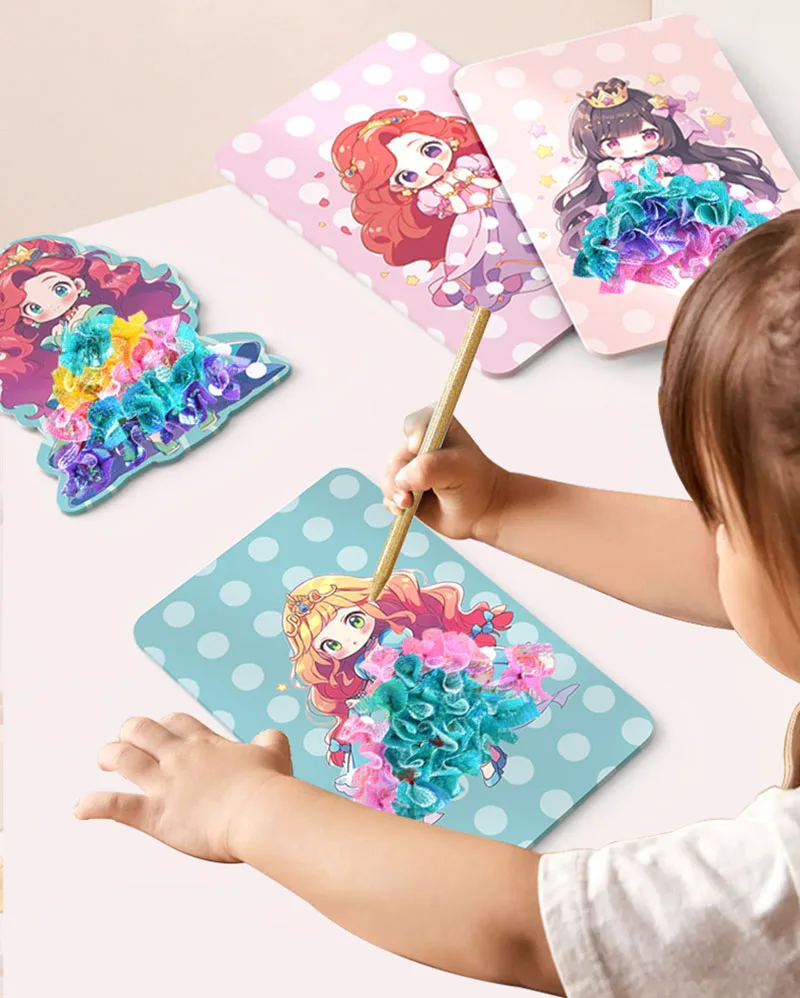 Fabric Art Frenzy Toys for Girls Dress Up Animal Princess Creative Puzzle Puncture Poke Boards Kids DIY Handmade Crafts Kits