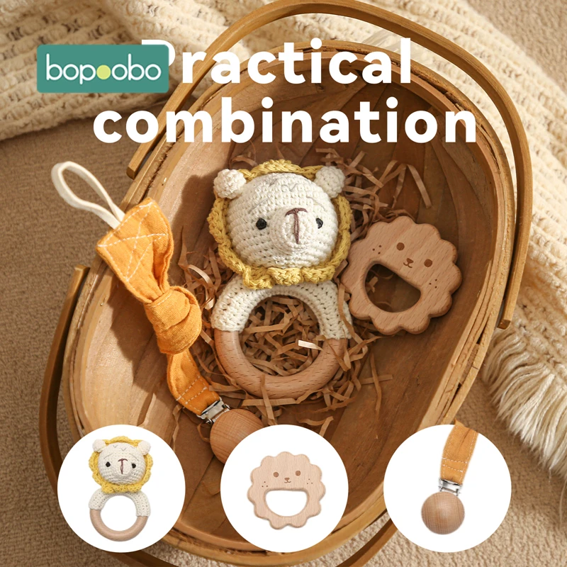 Bopoobo 3PCS/5PCS Crochet Bunny Baby Teether Rattle Animal Beech Wood Teether Pacifier Chain Crochet Rattle For Newborn Baby
