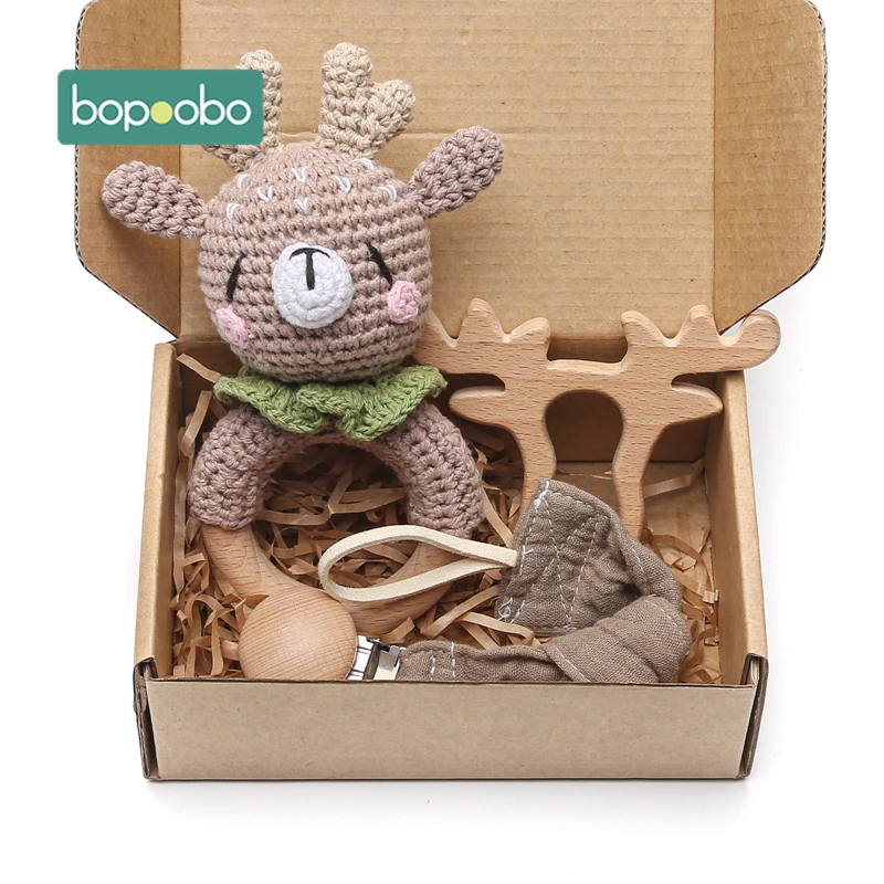 Bopoobo 3PCS/5PCS Crochet Bunny Baby Teether Rattle Animal Beech Wood Teether Pacifier Chain Crochet Rattle For Newborn Baby