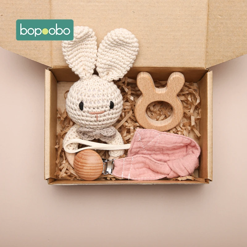 Bopoobo 3PCS/5PCS Crochet Bunny Baby Teether Rattle Animal Beech Wood Teether Pacifier Chain Crochet Rattle For Newborn Baby