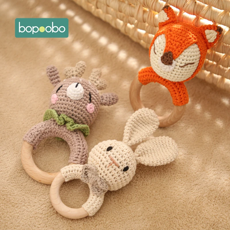 Bopoobo 3PCS/5PCS Crochet Bunny Baby Teether Rattle Animal Beech Wood Teether Pacifier Chain Crochet Rattle For Newborn Baby