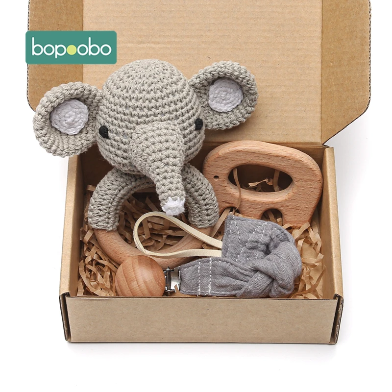 Bopoobo 3PCS/5PCS Crochet Bunny Baby Teether Rattle Animal Beech Wood Teether Pacifier Chain Crochet Rattle For Newborn Baby