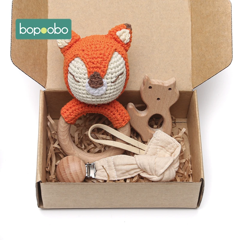 Bopoobo 3PCS/5PCS Crochet Bunny Baby Teether Rattle Animal Beech Wood Teether Pacifier Chain Crochet Rattle For Newborn Baby