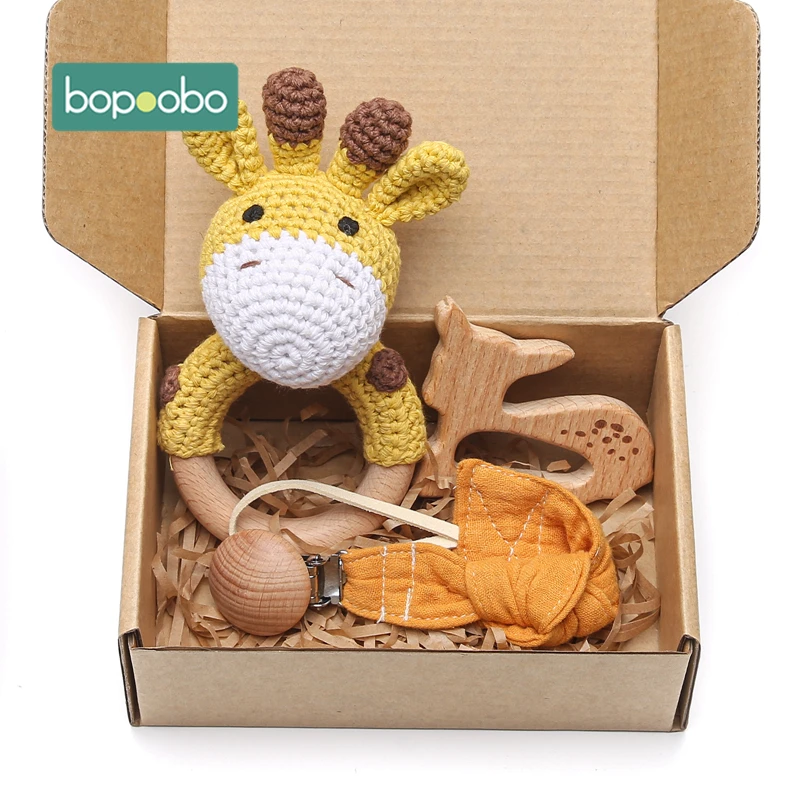 Bopoobo 3PCS/5PCS Crochet Bunny Baby Teether Rattle Animal Beech Wood Teether Pacifier Chain Crochet Rattle For Newborn Baby