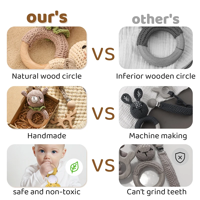 Bopoobo 3PCS/5PCS Crochet Bunny Baby Teether Rattle Animal Beech Wood Teether Pacifier Chain Crochet Rattle For Newborn Baby