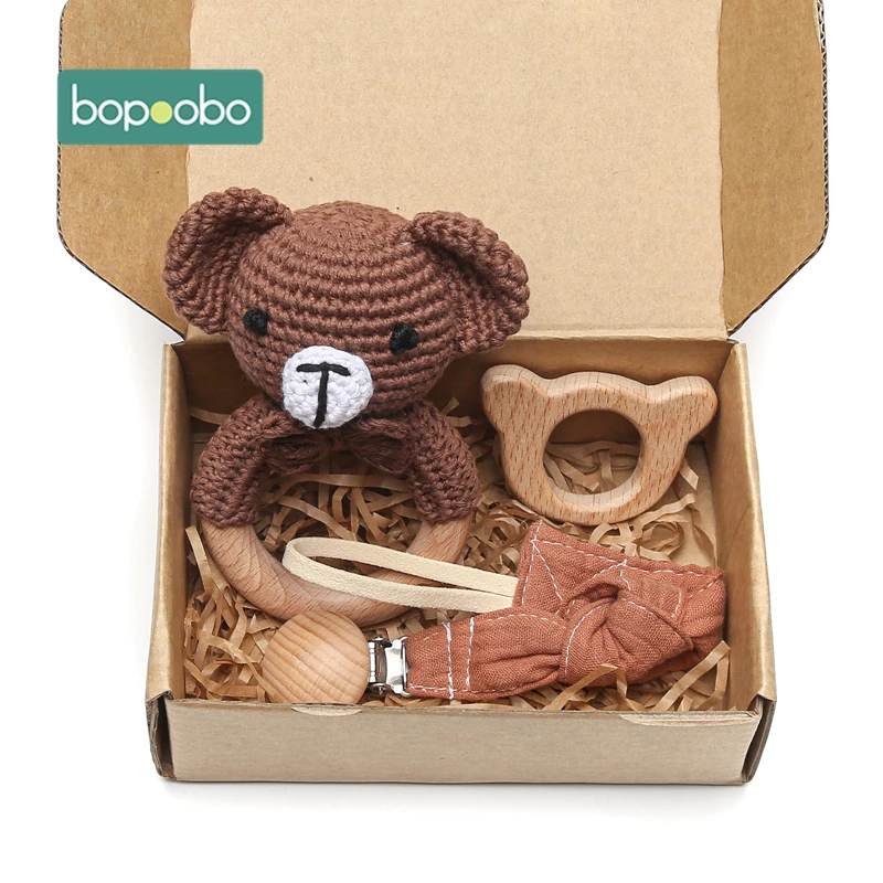 Bopoobo 3PCS/5PCS Crochet Bunny Baby Teether Rattle Animal Beech Wood Teether Pacifier Chain Crochet Rattle For Newborn Baby
