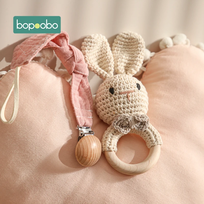 Bopoobo 3PCS/5PCS Crochet Bunny Baby Teether Rattle Animal Beech Wood Teether Pacifier Chain Crochet Rattle For Newborn Baby