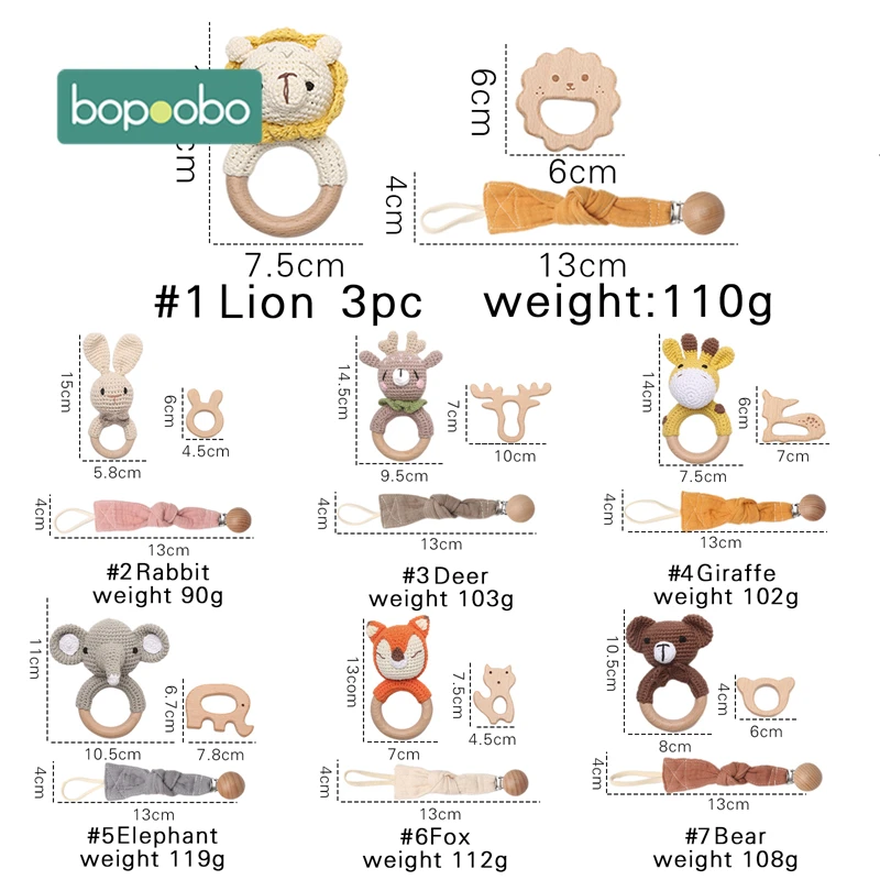 Bopoobo 3PCS/5PCS Crochet Bunny Baby Teether Rattle Animal Beech Wood Teether Pacifier Chain Crochet Rattle For Newborn Baby