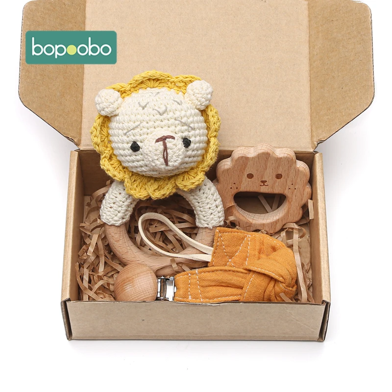 Bopoobo 3PCS/5PCS Crochet Bunny Baby Teether Rattle Animal Beech Wood Teether Pacifier Chain Crochet Rattle For Newborn Baby