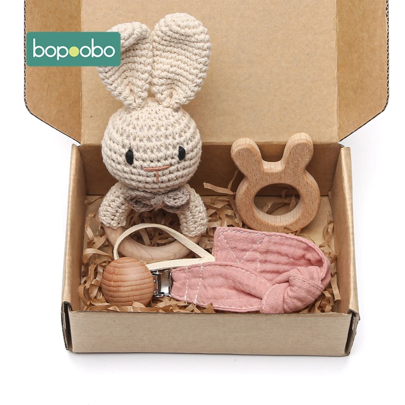 Bopoobo 3PCS/5PCS Crochet Bunny Baby Teether Rattle Animal Beech Wood Teether Pacifier Chain Crochet Rattle For Newborn Baby