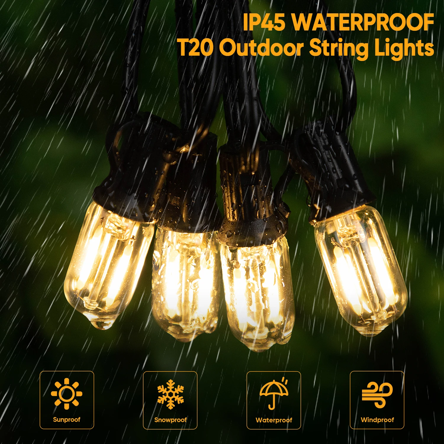 65FT Waterproof String Light IP45 Connectable Led Replacement Bulb T20 2W E12 Base EU Plug US Plug Outdoor Garden Garland Lights