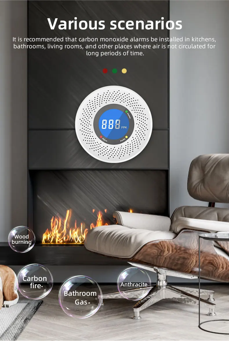 New Carbon Monoxide Standalone Detector CO Alarm With Screen Display Battery Powered CE Certified For Home Kitchen Office Use