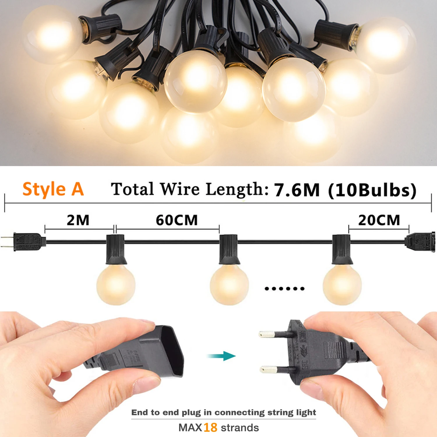 Outdoor Waterproof String Light G40 Frosted Milky Glass E12 Replacement LED Bulbs IP44 Connectable Garden Party Wedding Garland