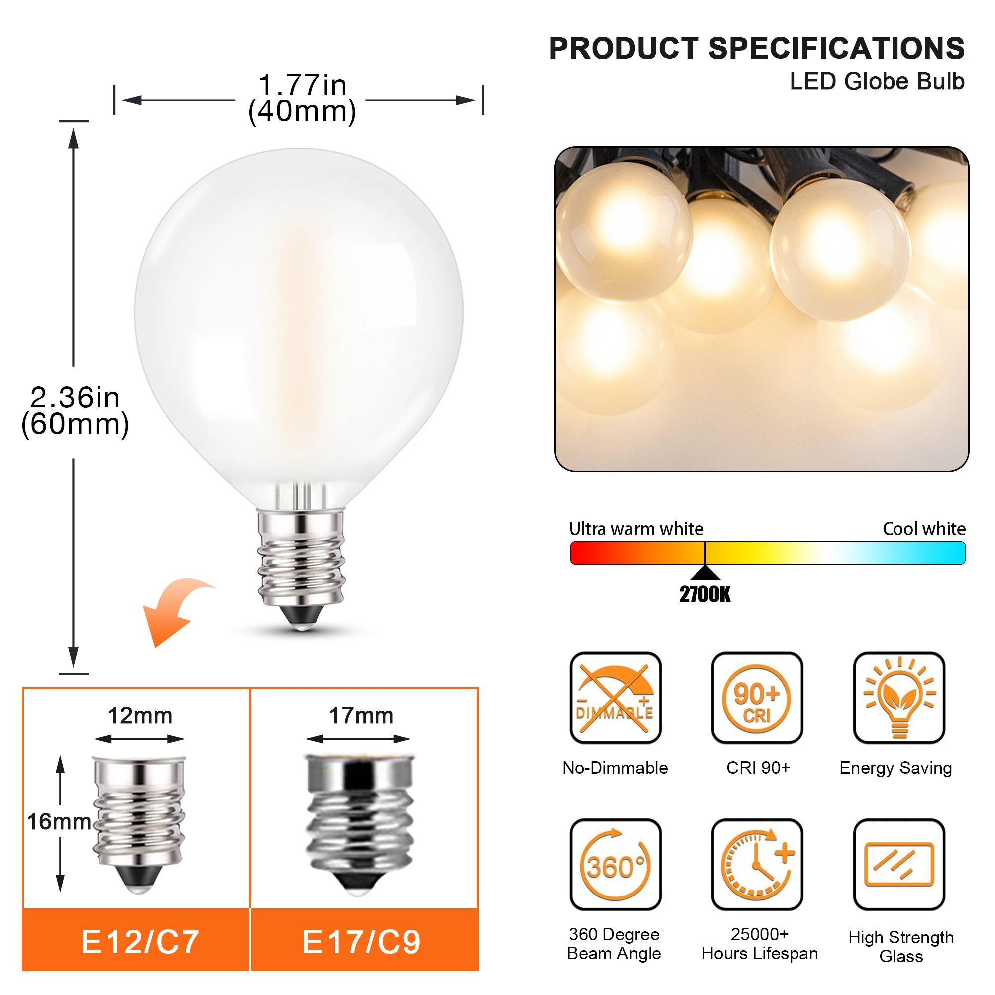 Outdoor Waterproof String Light G40 Frosted Milky Glass E12 Replacement LED Bulbs IP44 Connectable Garden Party Wedding Garland