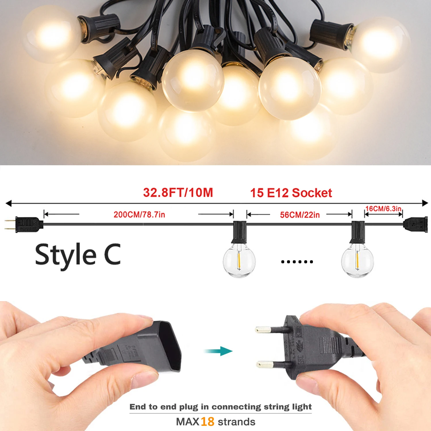 Outdoor Waterproof String Light G40 Frosted Milky Glass E12 Replacement LED Bulbs IP44 Connectable Garden Party Wedding Garland