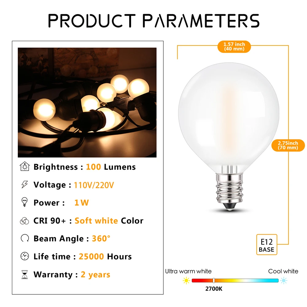 Outdoor Waterproof String Light G40 Frosted Milky Glass E12 Replacement LED Bulbs IP44 Connectable Garden Party Wedding Garland