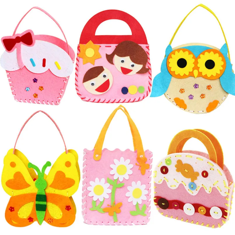 6Pcs Non-Woven Fabric DIY Sewing Handbag Children Craft Toy Cartoon Animal Flower Handmade Sewing Bag Educational Toys Kids Gift