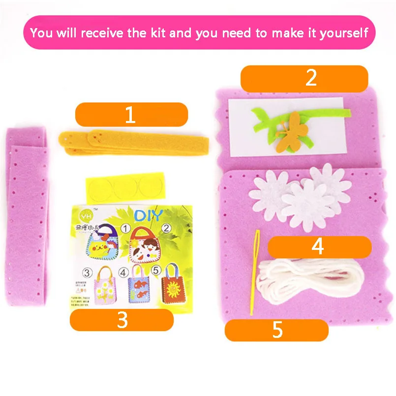6Pcs Non-Woven Fabric DIY Sewing Handbag Children Craft Toy Cartoon Animal Flower Handmade Sewing Bag Educational Toys Kids Gift