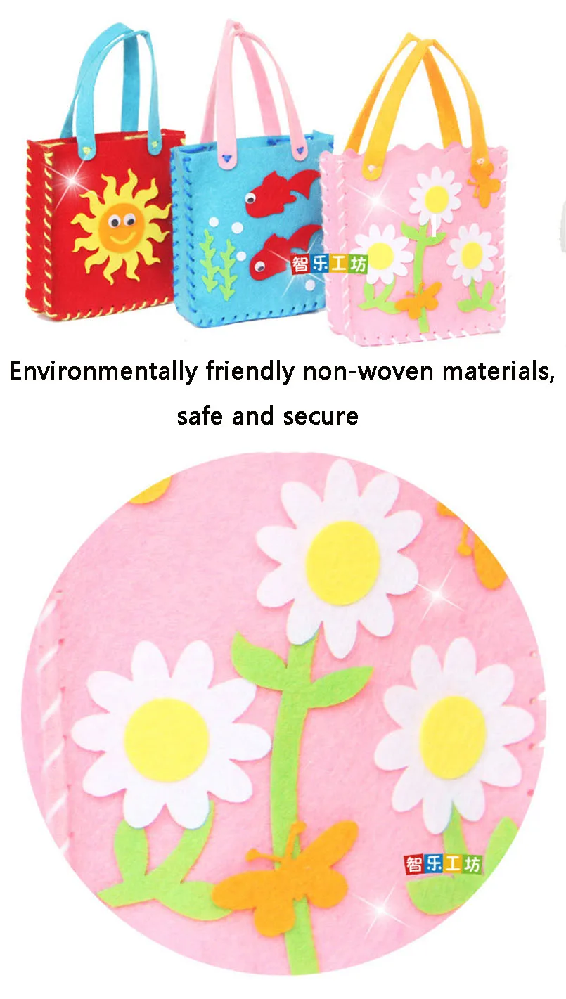 6Pcs Non-Woven Fabric DIY Sewing Handbag Children Craft Toy Cartoon Animal Flower Handmade Sewing Bag Educational Toys Kids Gift