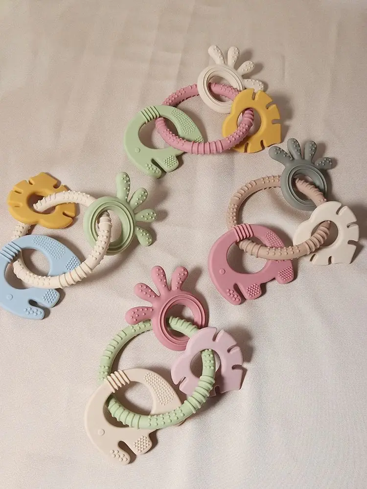 4 In One Baby Silicone Teether Ring BPA Free Rattles Bracelet Food Grade Elephant Cute Octopus Shaped Teething Ring Toys